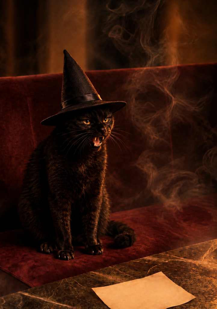 A cat wearing a witch hat